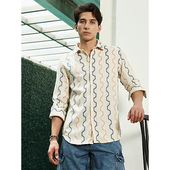 Off White Zigzag Pattern Full Sleeve Cotton Blend Shirt