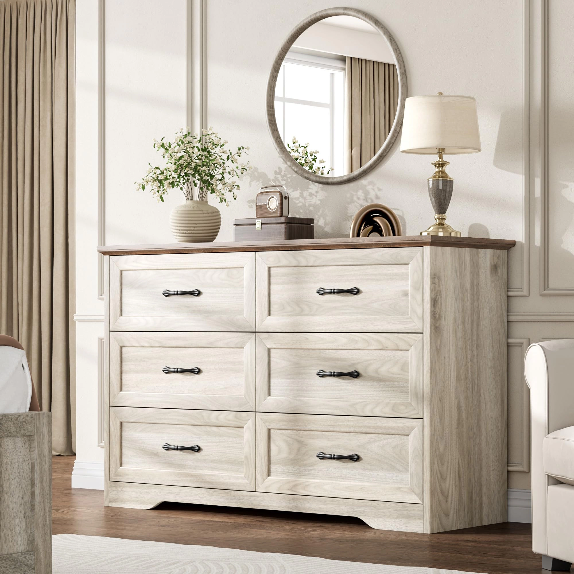 Farmhouse 6 Drawer Dresser with Metal Handles, 47.2" Wide Wooden Storage Cabinet for Bedroom