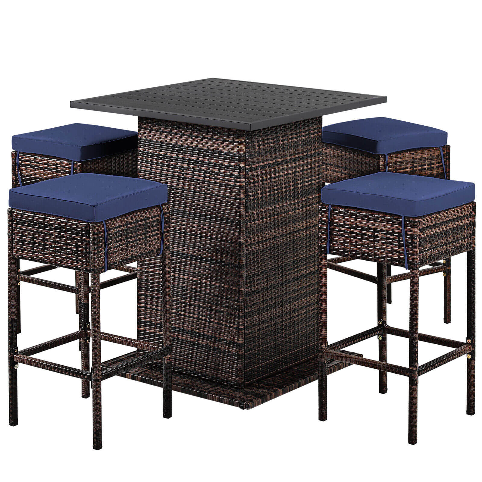 SUGIFT Hidden Storage Shelf and 4 Cushioned Stools 5-Piece Patio Rattan Bar Set
