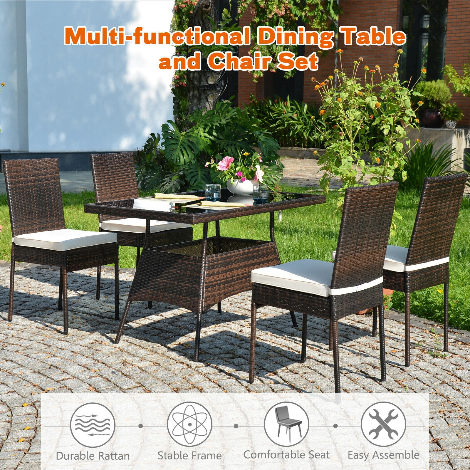 SUGIFT 5-Piece Outdoor Rattan Dining Set, Tempered Glass Table and 4 Cushioned High-Back Chairs