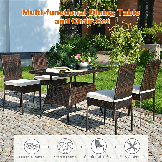 LJG 5 Pieces Rattan Dining Set Glass Table High Back Chair
