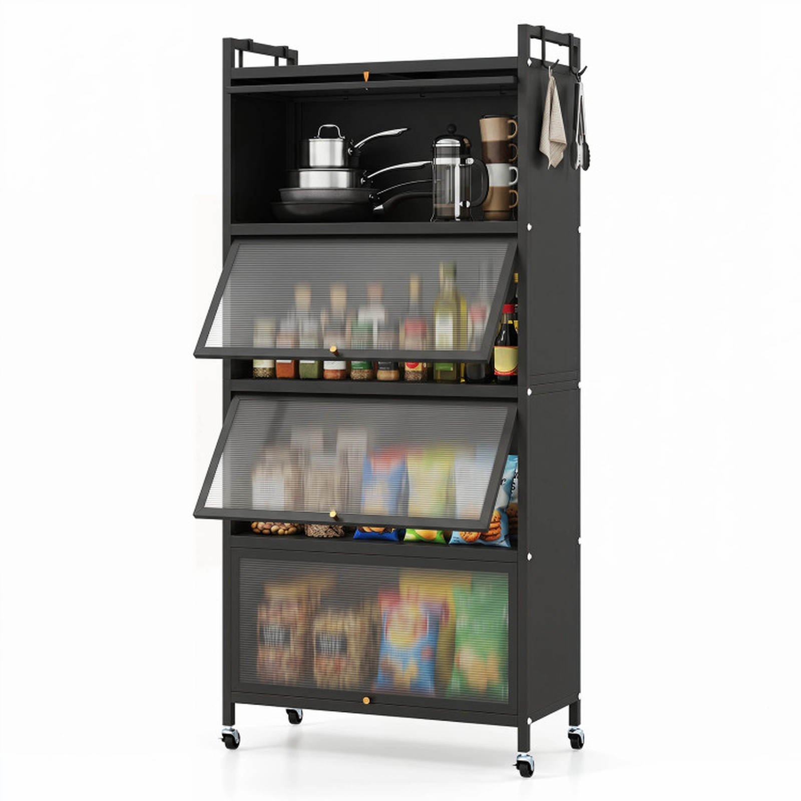 SUGIFT 5-Tier 45-lb Per-Tier 60-in Black Storage Cabinet with 4 Flip-Up PC Doors Rolling Wheels and Guardrails