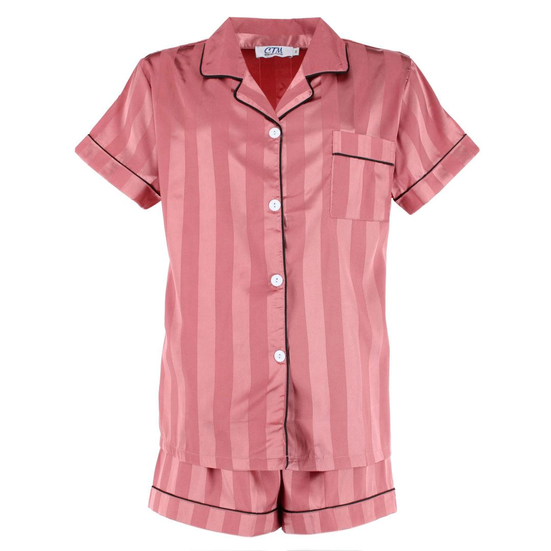 CTM Women's Short Sleeve Thick Striped Satin Pajama Set