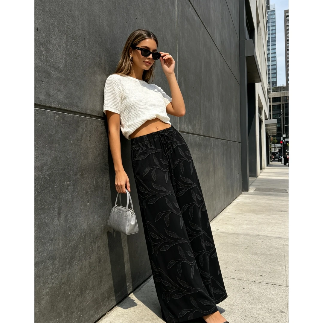 Coolmee Women’s Wide Leg Pants Jacquard Elastic High Waist Drawstring Trousers Textured Casual