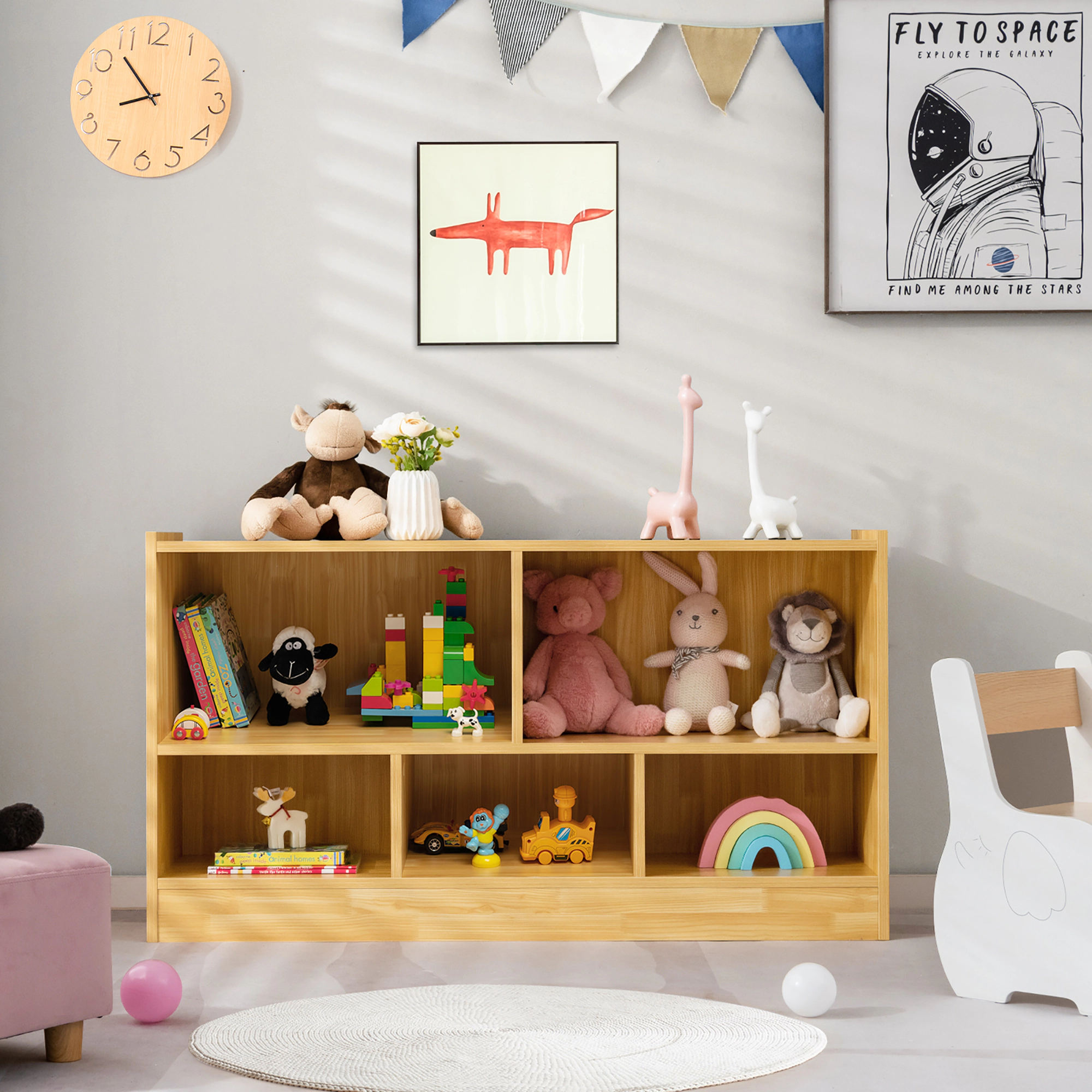Costway Kids 2-Shelf Bookcase 5-Cube Wood Toy Storage Cabinet Organizer Grey