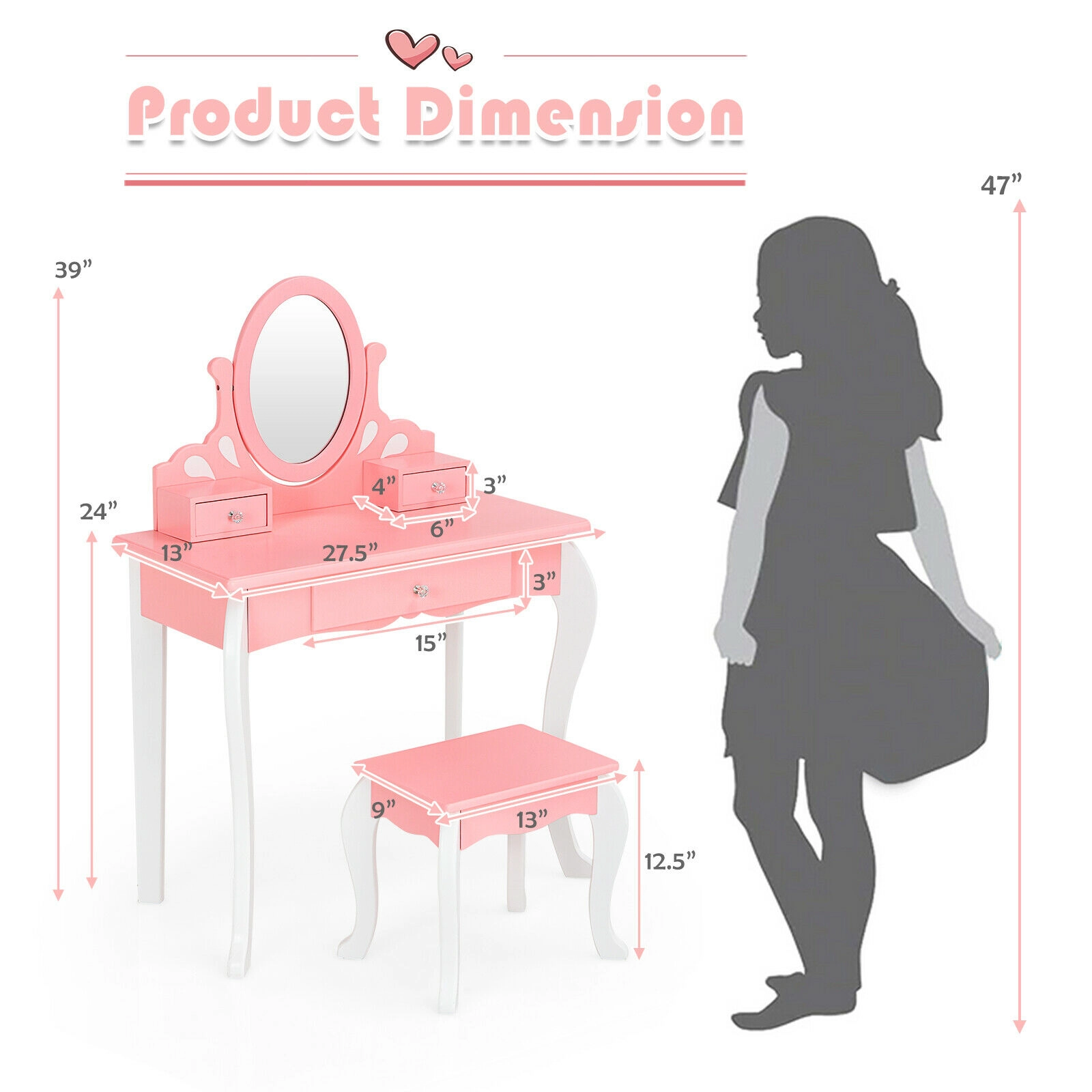 SUGIFT Kids 360-Degree Rotating Detachable Mirror Vanity Table and Stool Set 27.5-in x 13-in x 39-in 44-lb Pink