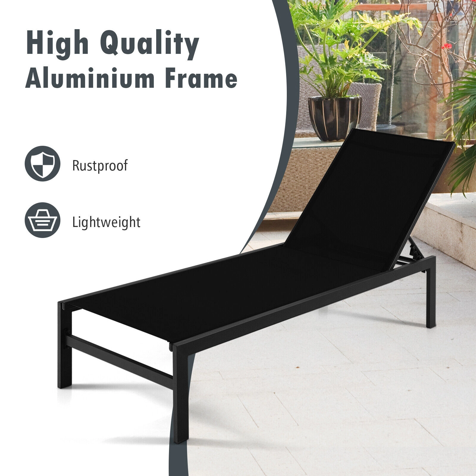 SUGIFT 6-Position Adjustable Chaise Lounge Chair with Rustproof Aluminum Frame 300-Lb Capacity 78-in Length Black