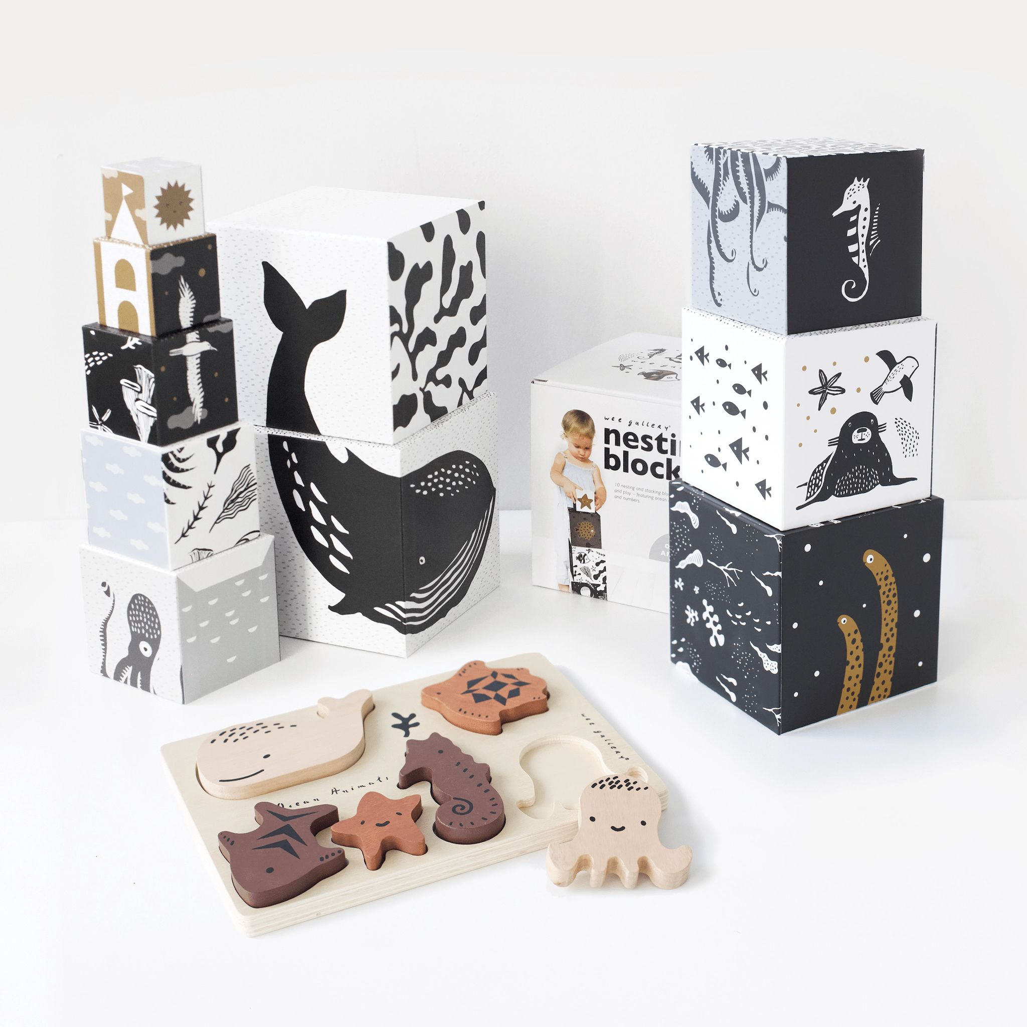 Wee Gallery Ocean Nesting Blocks and 6-Piece Wooden Tray Puzzle - Ocean