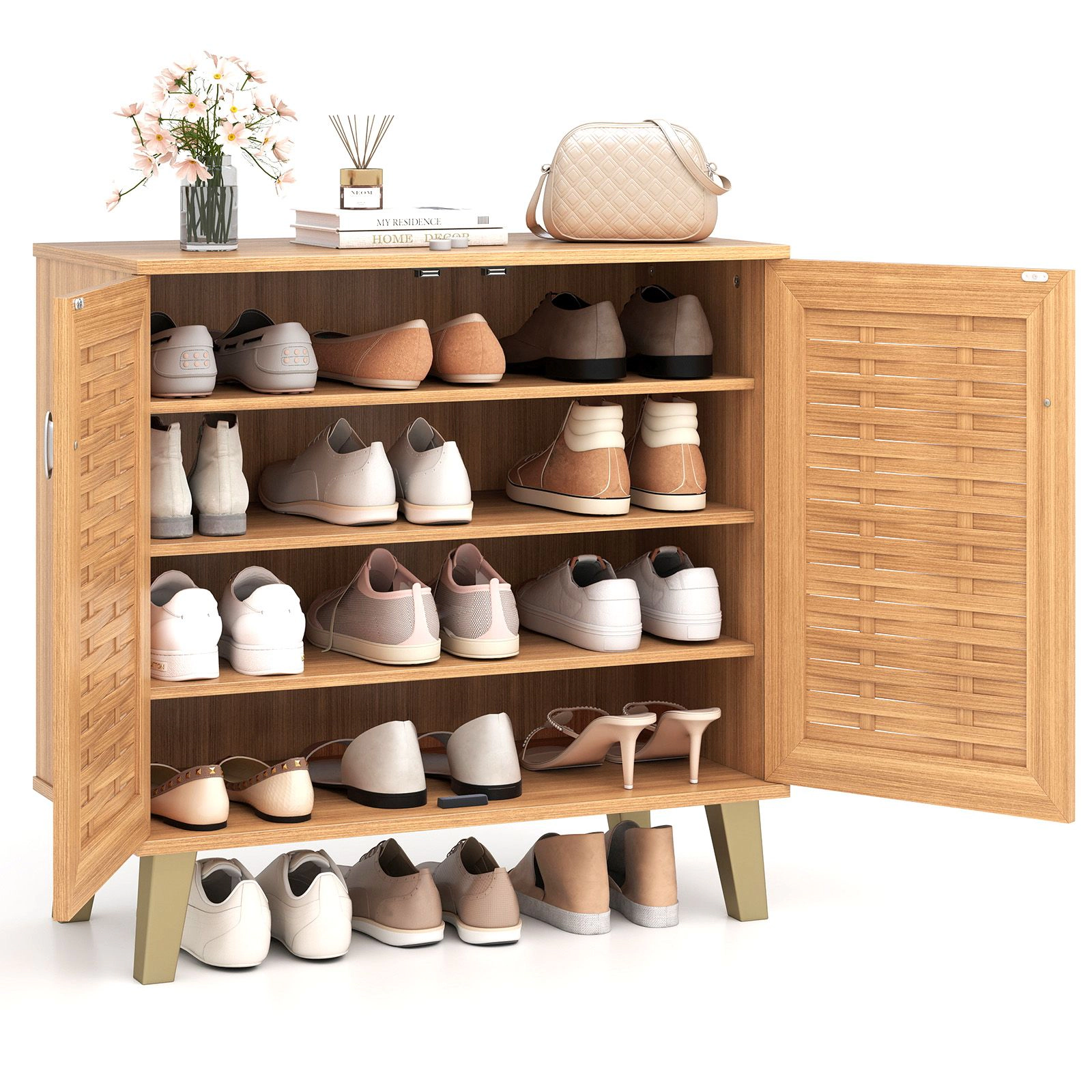SlickBlue Modern Shoe Organizer Cabinet with Woven Doors and Storage Shelves