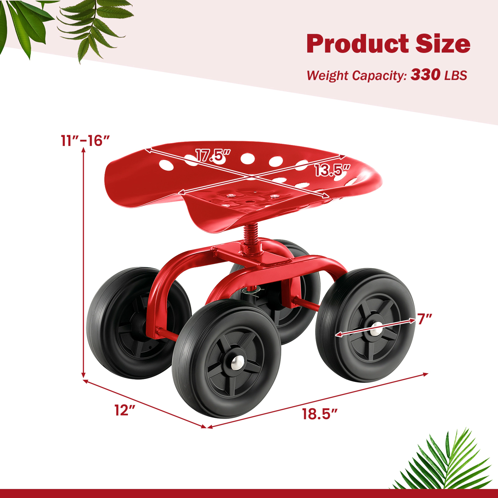 SUGIFT Red 330-lb Capacity Rolling Garden Work Seat Swivel Stool with Height Adjustment and Quiet Wheels