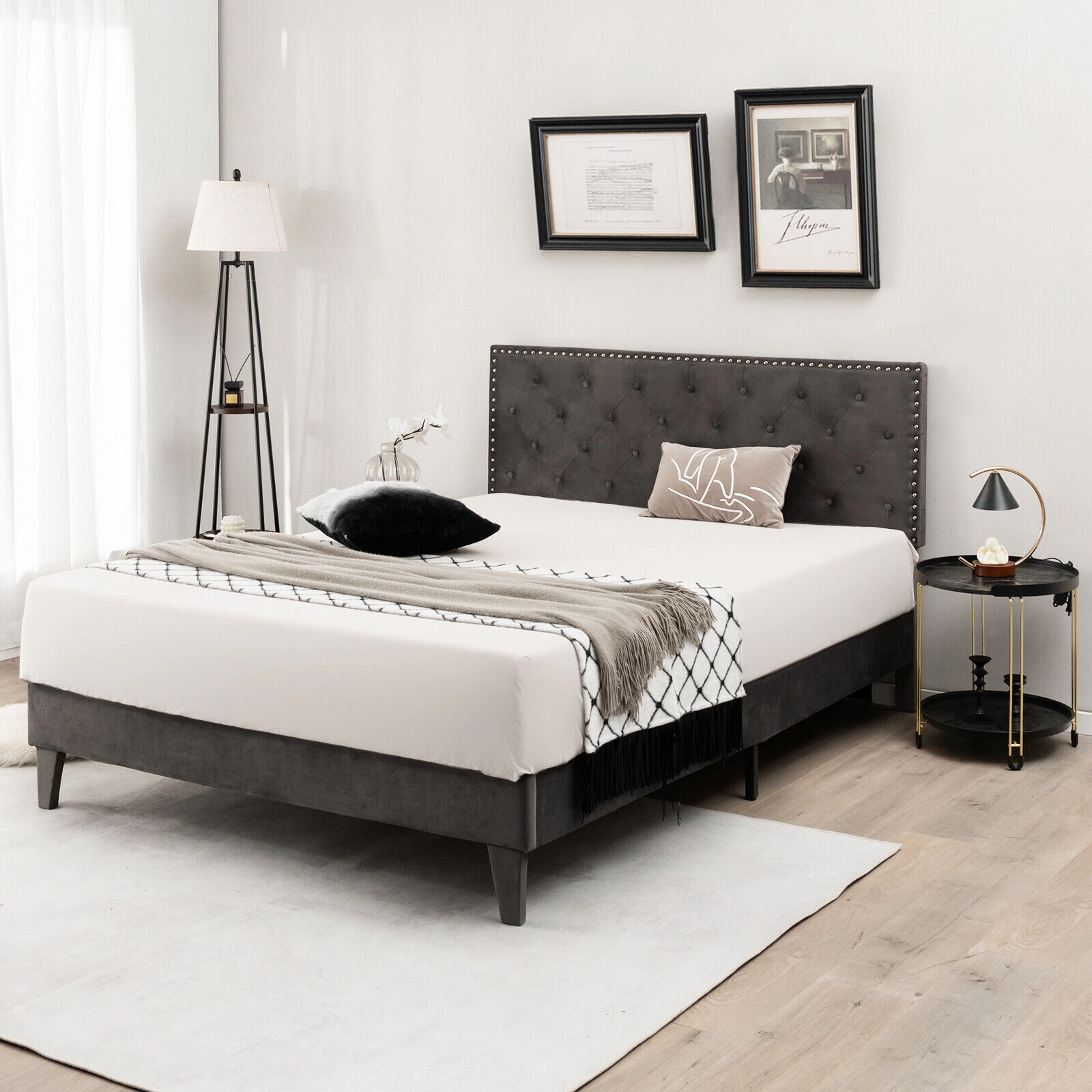 SUGIFT Queen Upholstered Platform Bed, Tufted Velvet Headboard, Metal Frame, 9 Legs, Gray