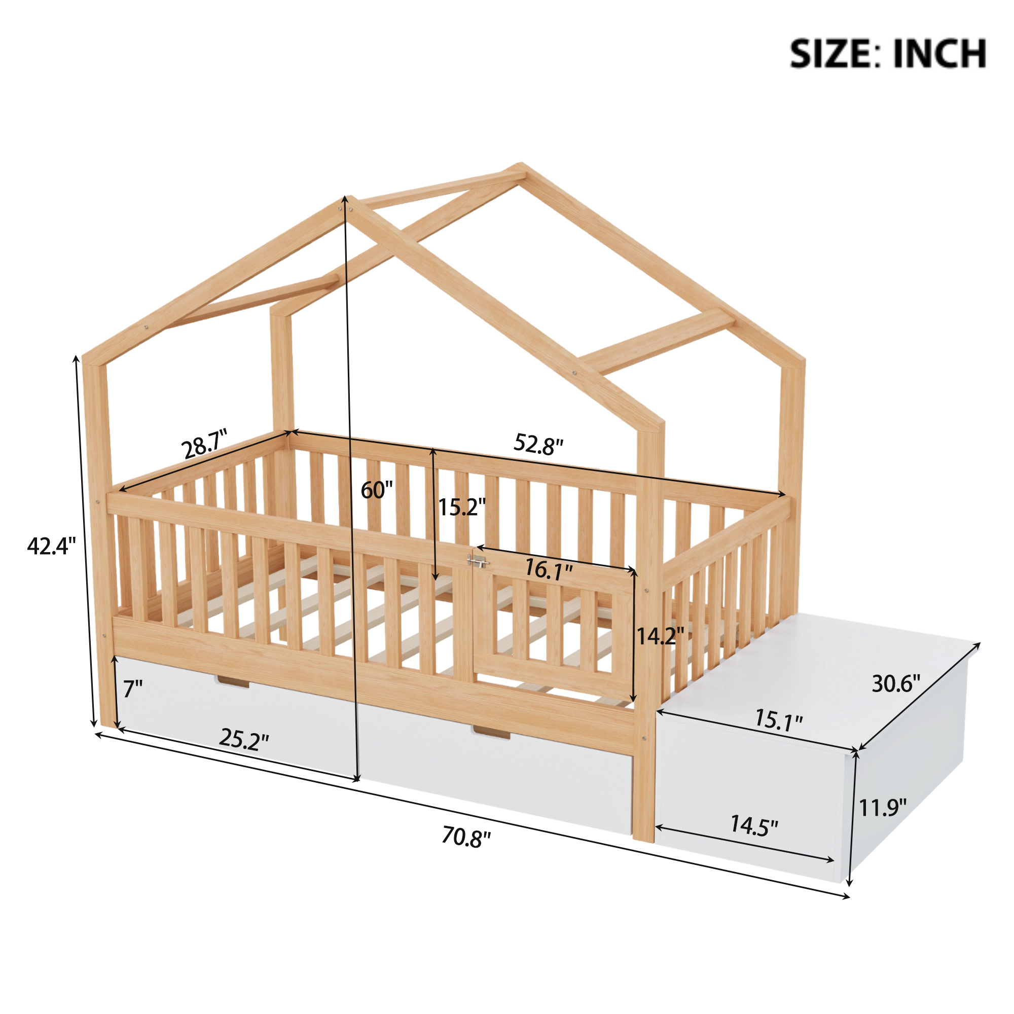 Flynama Toddler Playhouse Bed with Storage, Safety Gate & Lift-Top Chest, Natural & White