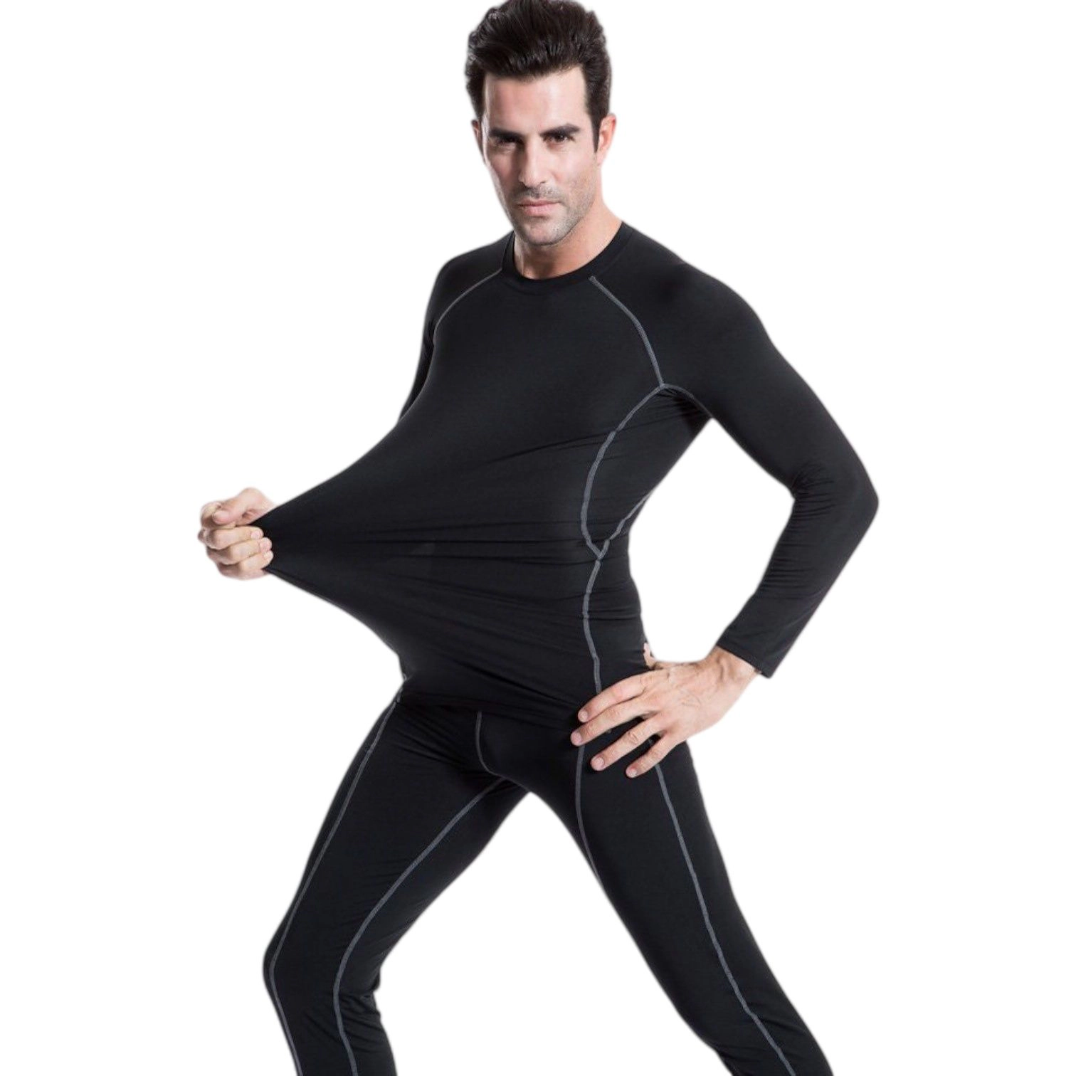 Anna-Kaci Men's Long Sleeve Compression Training Shirt with Crew Neck and Contrast Stitching Detail