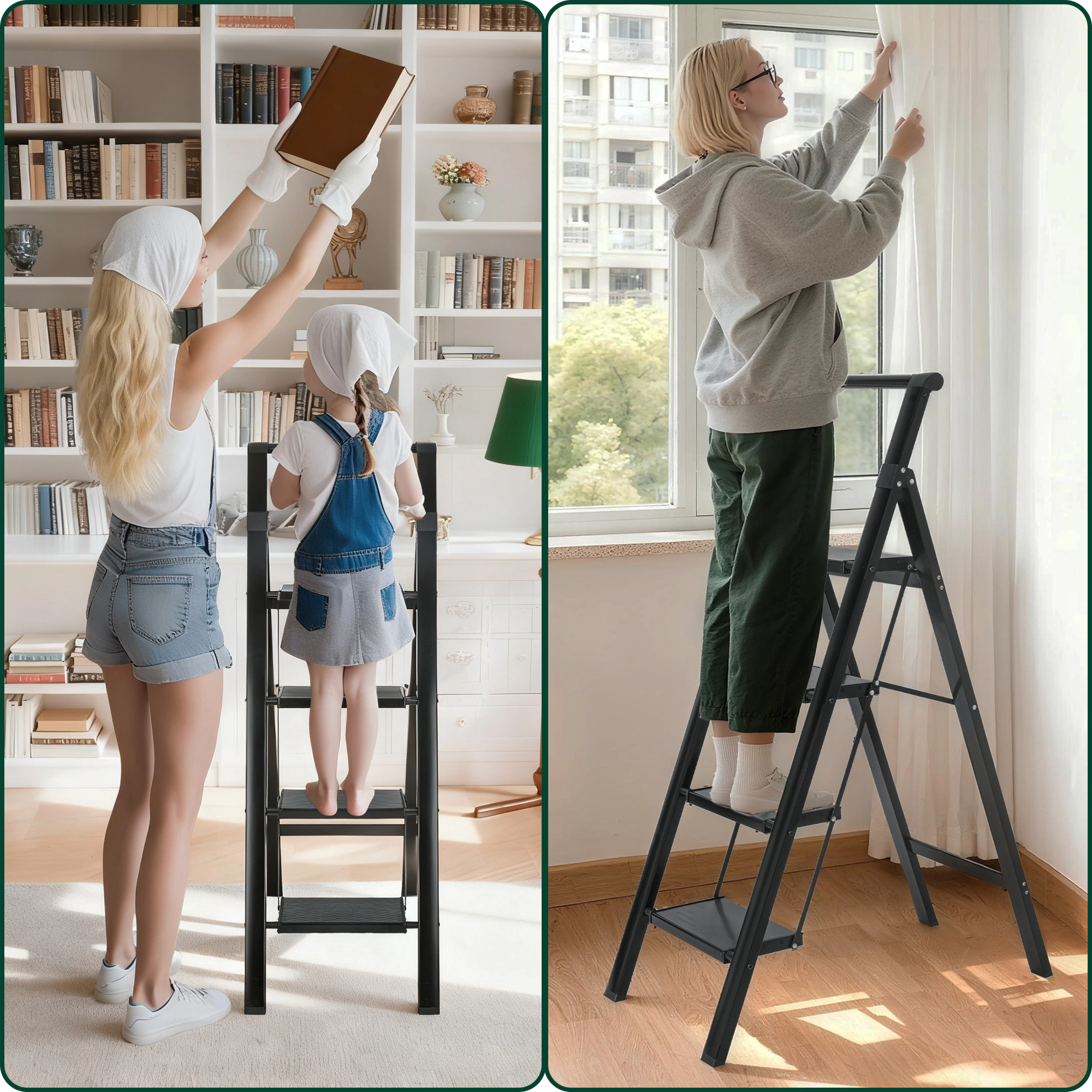 Flynama 4 Step Ladder- 330lb Capacity Steel Foldable Step Stool (Black)