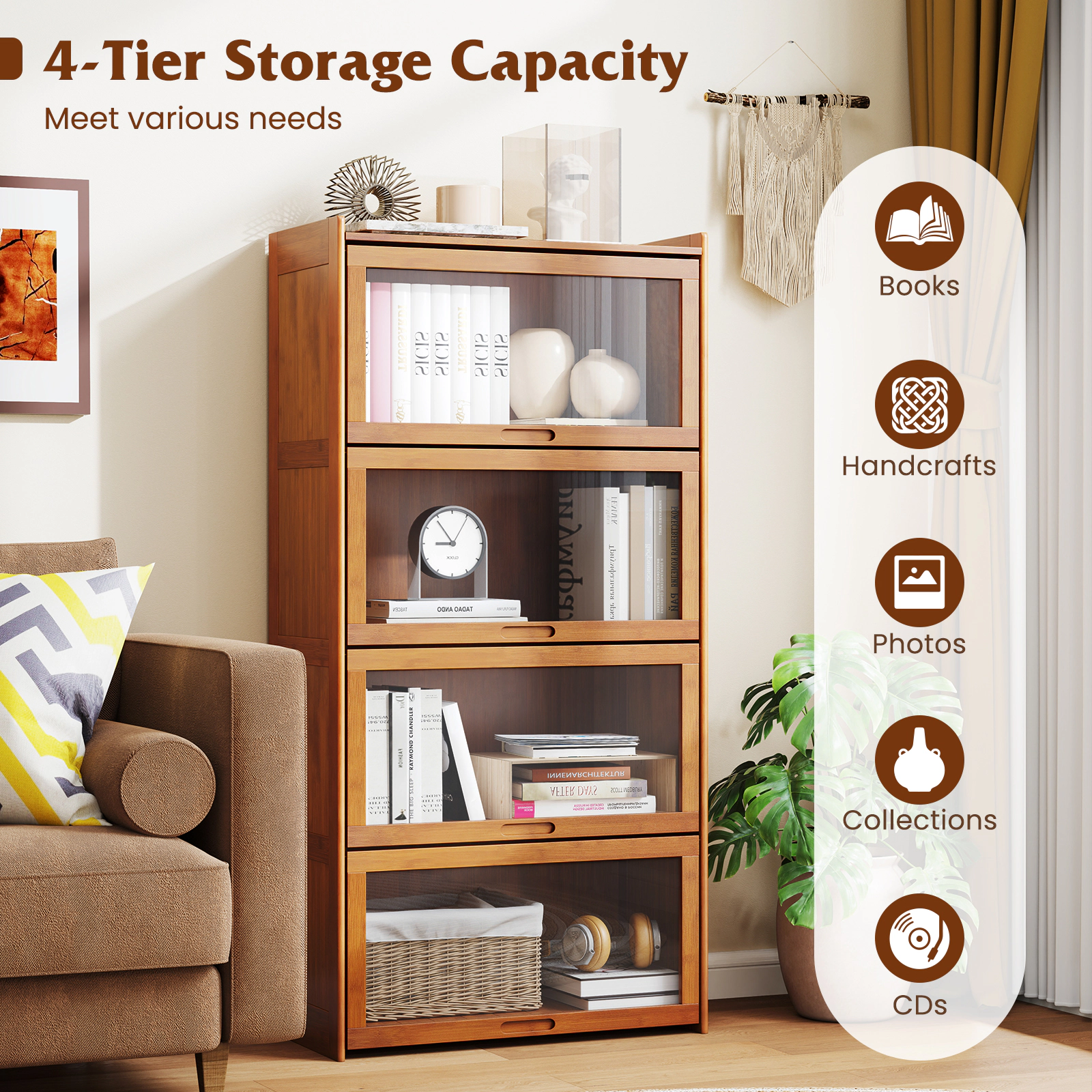 SUGIFT 4-Tier 55-in Tall Bamboo Bookshelf with Clear Acrylic Flip Doors and Anti-Tipping Kit for Study