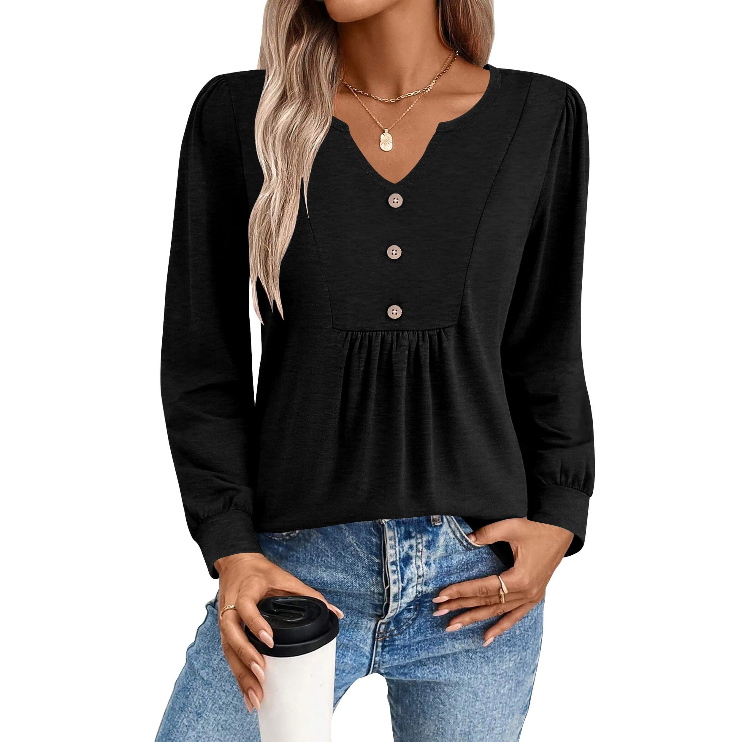 Zeagoo Women Pleated V Neck Blouse