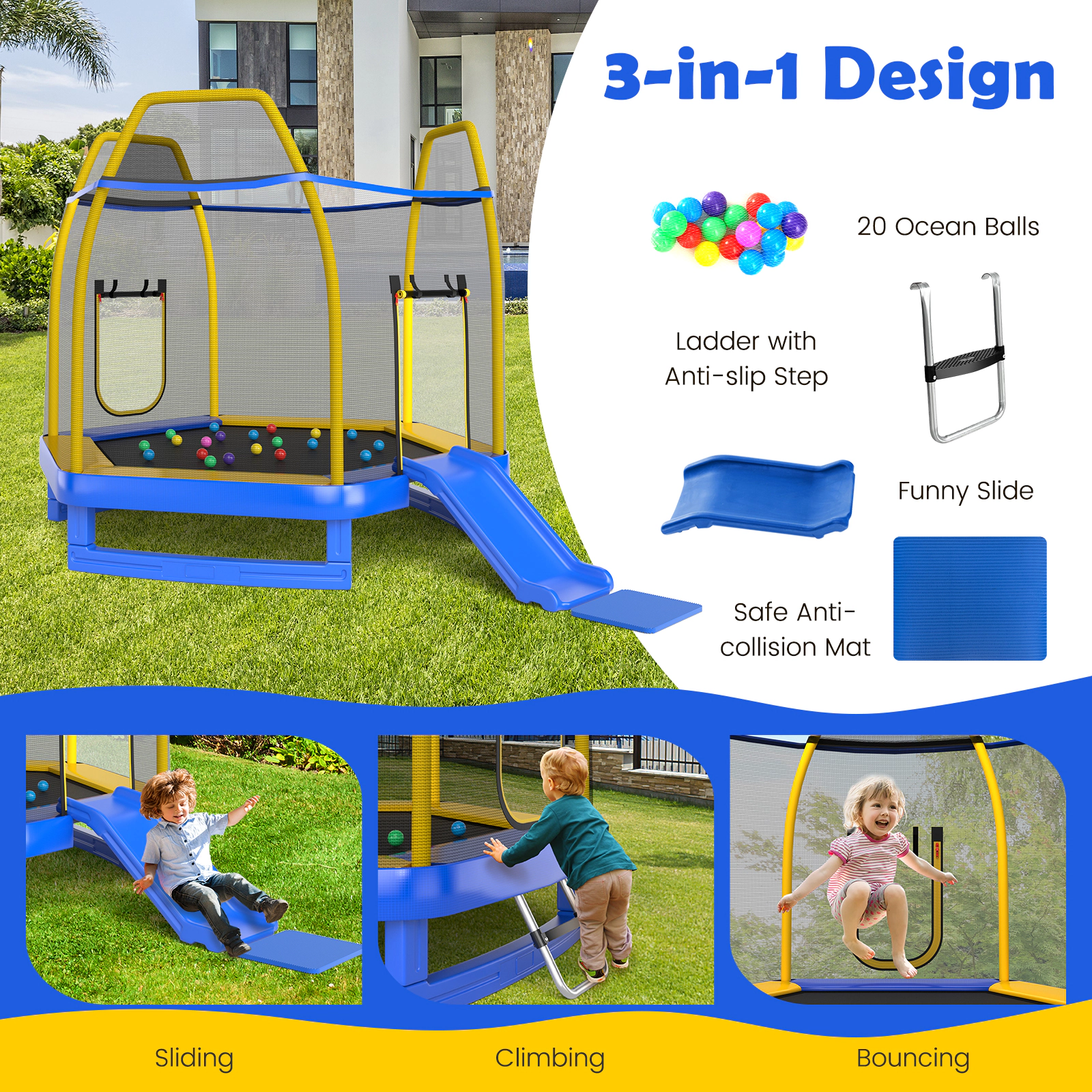LJG 7 Feet Trampoline with Ladder and Slide for Indoor and Outdoor