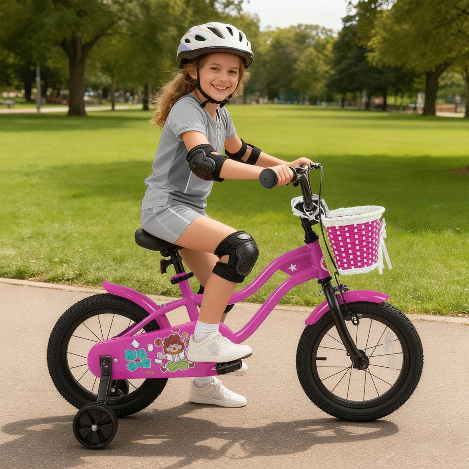 14-in Kids Bike Removable Training Wheels Ages 3-5 Rose Toddler Bicycle Front Basket Bell Mudguards 110-lb Capacity