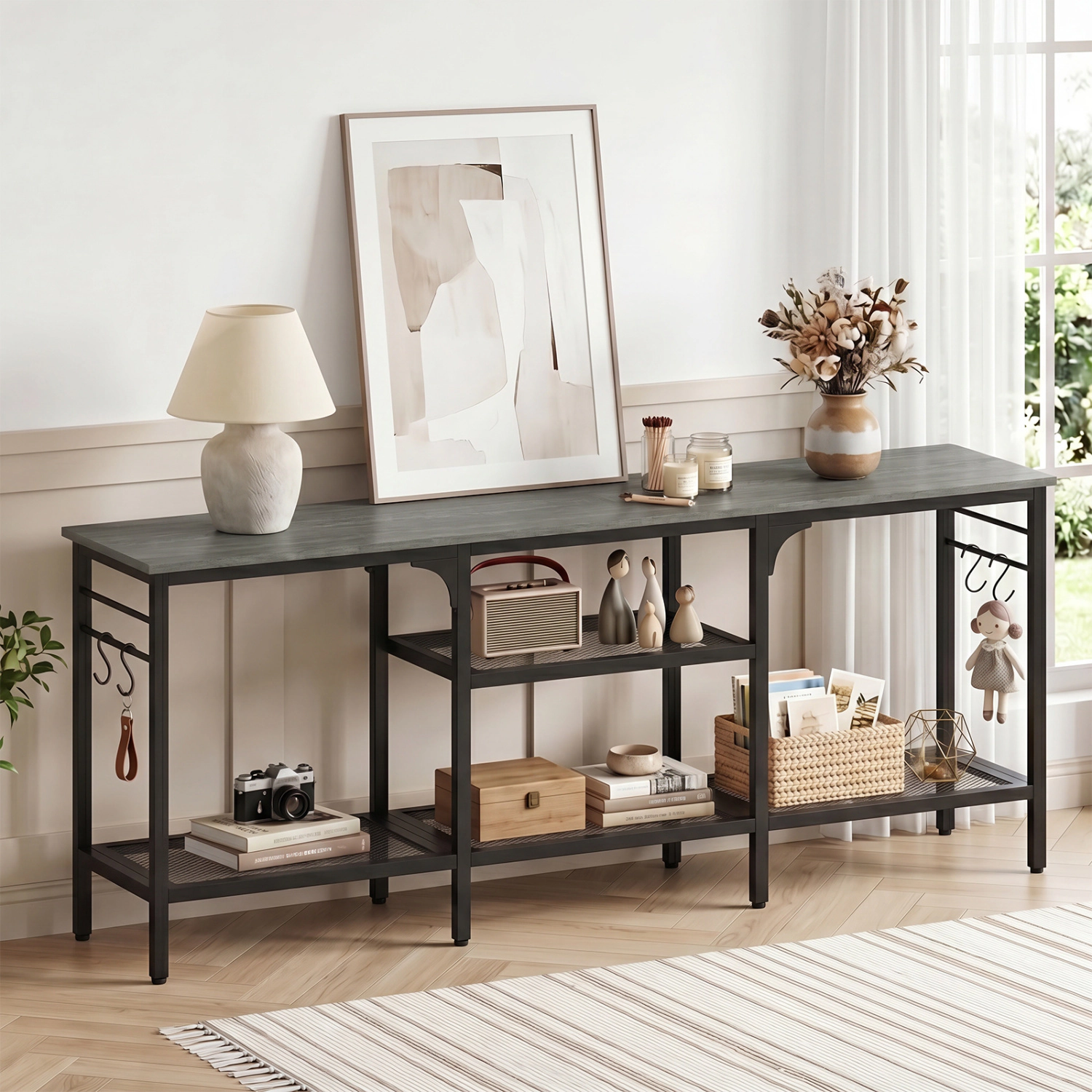 Glintex 55-Inch TV Stand with 3-Tier Open Shelves and 4 Hooks
