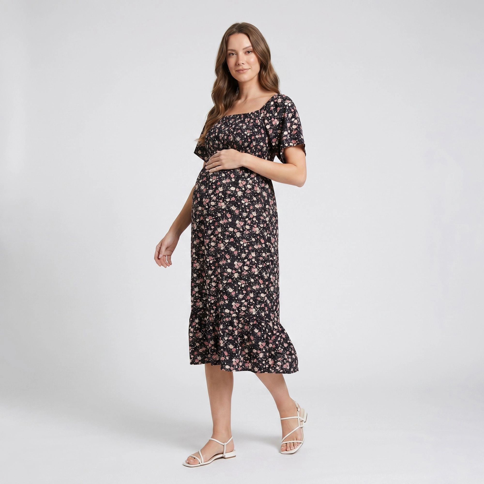 Anna-Kaci Women's Maternity Floral Square Neck Short Sleeve Ruffle Hem Midi Dress