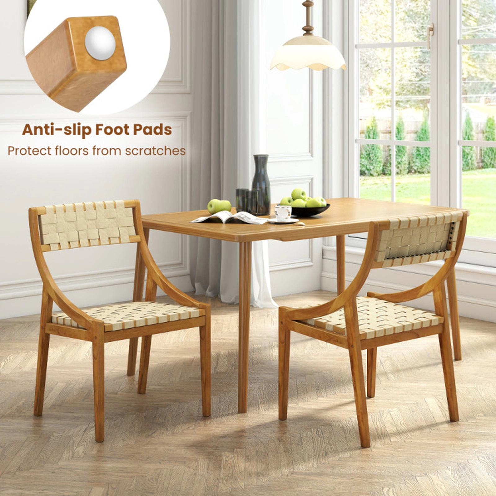 SUGIFT Set of 2 300-lb Capacity Teak Wood Outdoor Dining Chairs with Woven Webbing Seat and Backrest