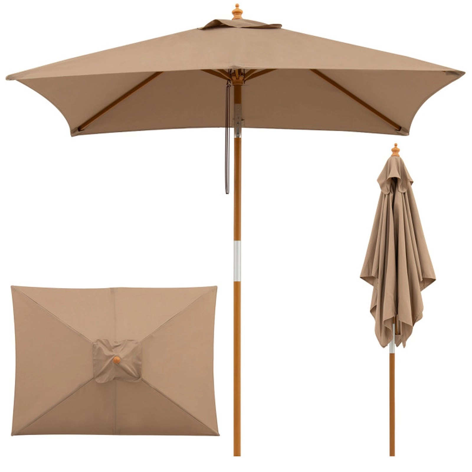 SUGIFT 7-ft Rectangular Patio Umbrella with Push-Button Tilt 3-Height Adjustment Rope Pulley Coffee