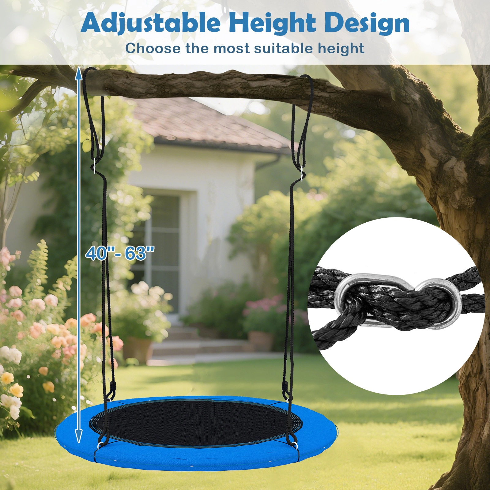 SUGIFT 40-in Round Saucer Tree Swing with LED Lights 660-lb Capacity Ages 3+ Multicolor Blue