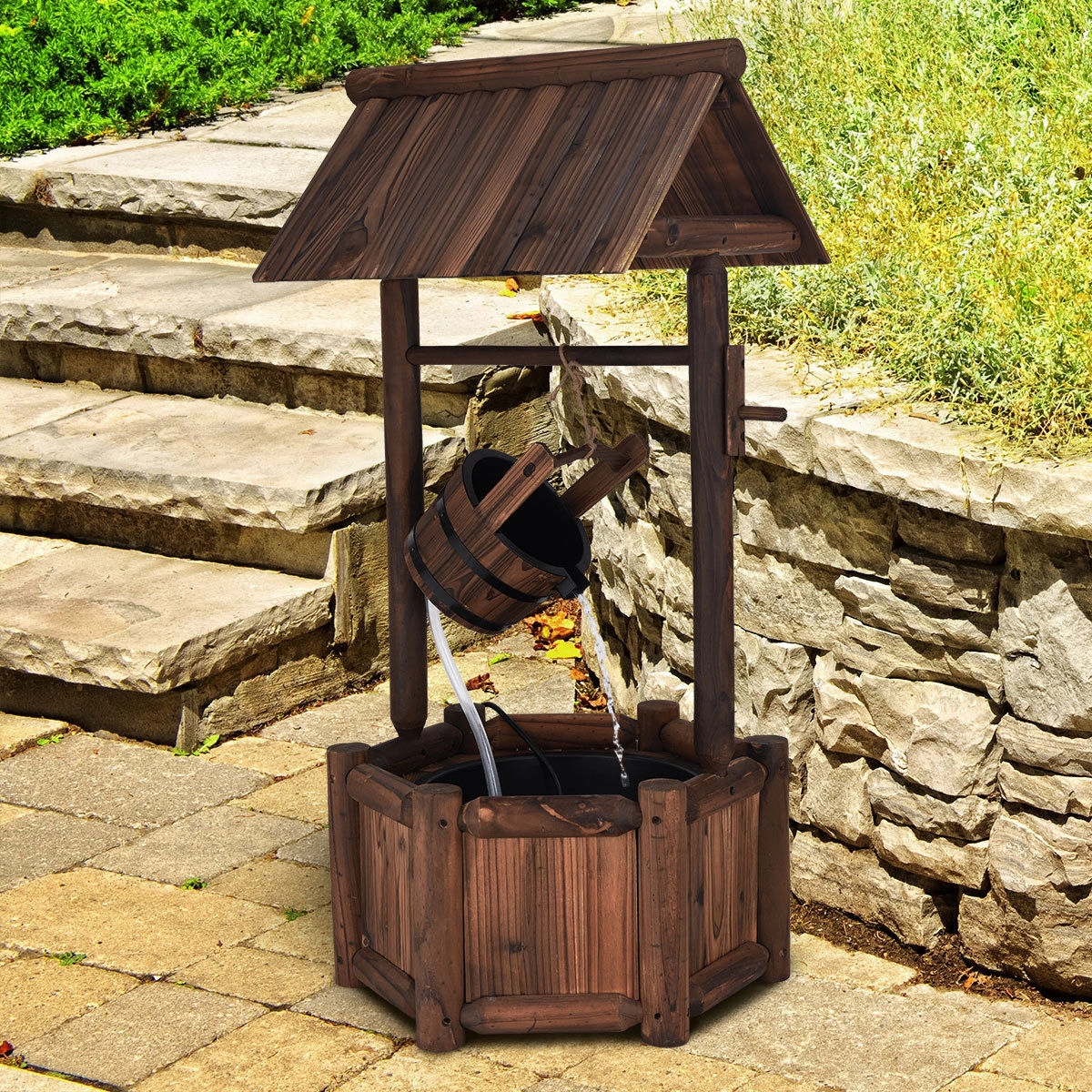 SUGIFT Brown 44.5-in Rustic Wishing Well Fir Wood Garden Fountain with 120V Electric Pump for Yard