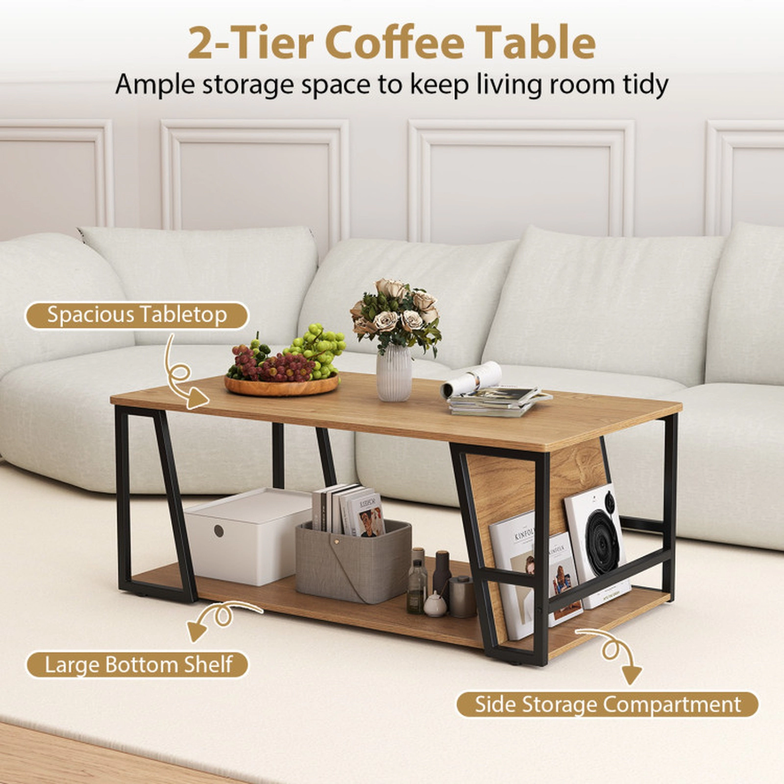 SUGIFT 2-Tier 176-lb Capacity Industrial Rectangle Coffee Table with Storage Shelf and Side Compartment