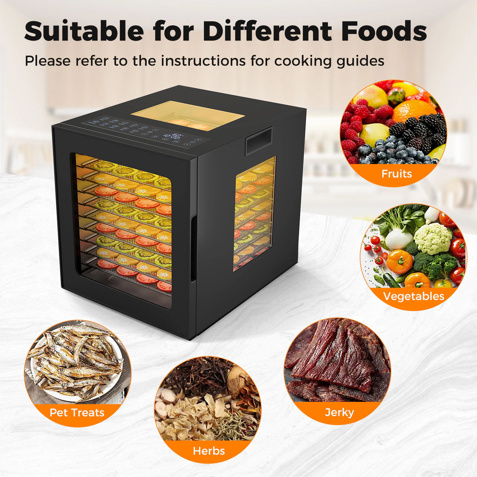 SUGIFT Black 10-Tray Stainless Steel Food Dehydrator with 10 Presets 1-48H Timer and LED Display
