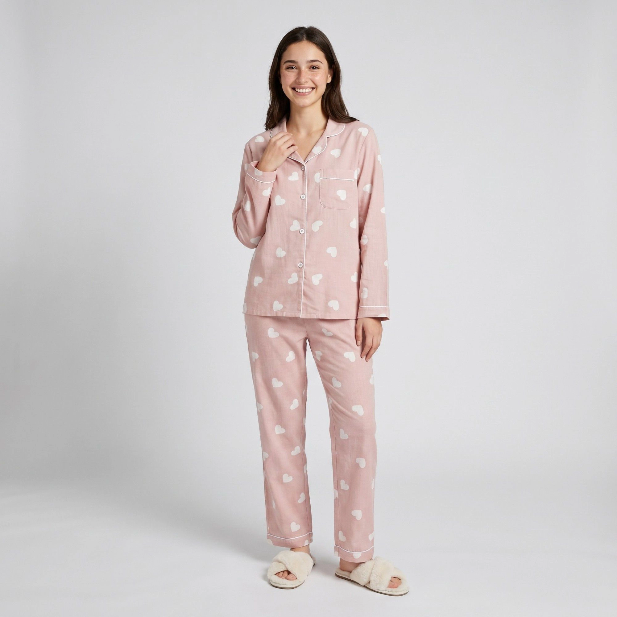 Anna-Kaci Women's 2-Piece Heart Print Button Front Pajama Top and Straight Leg Lounge Pants