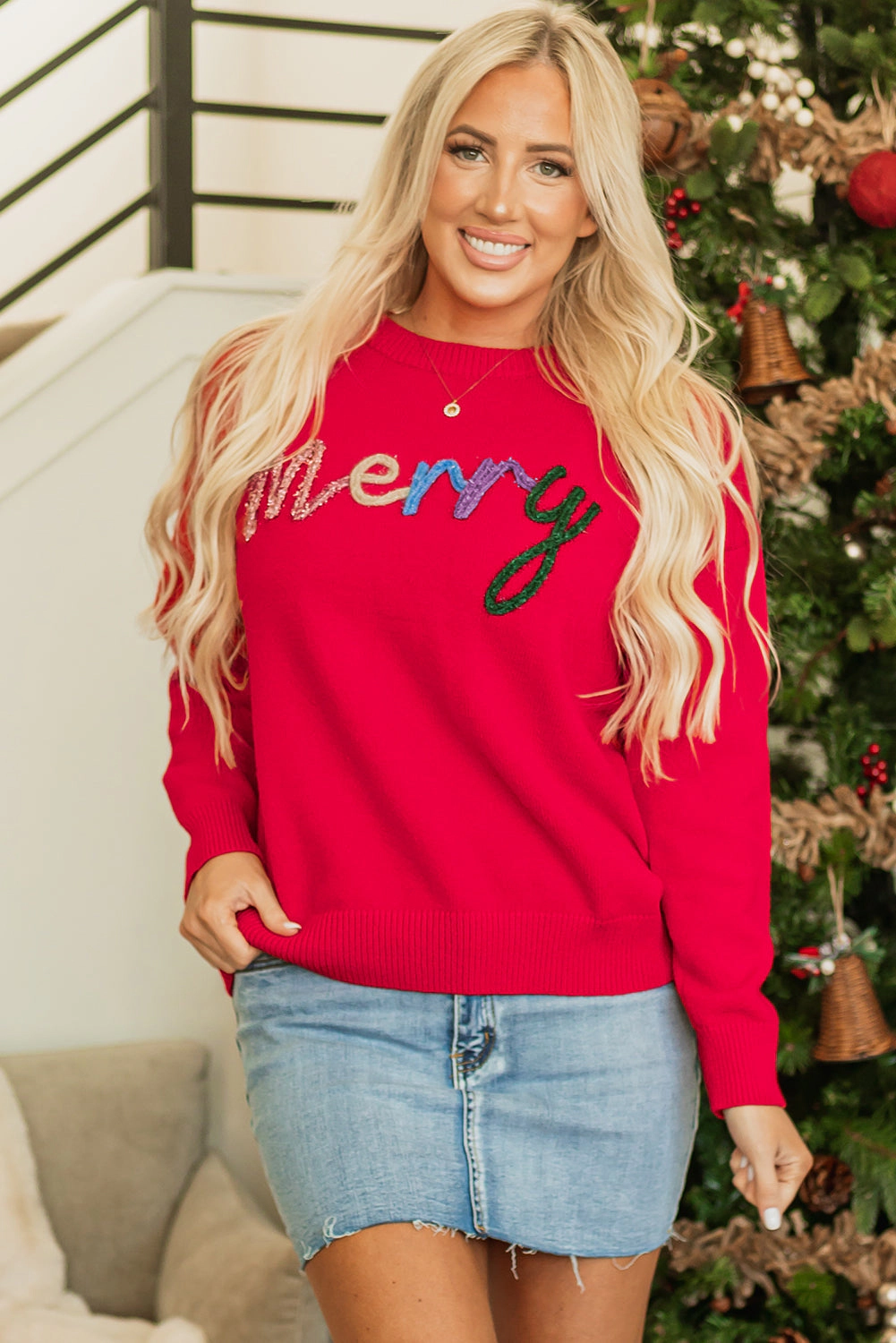 Threaded Pear Women's Reagan Tinsel Merry Letter Sweater