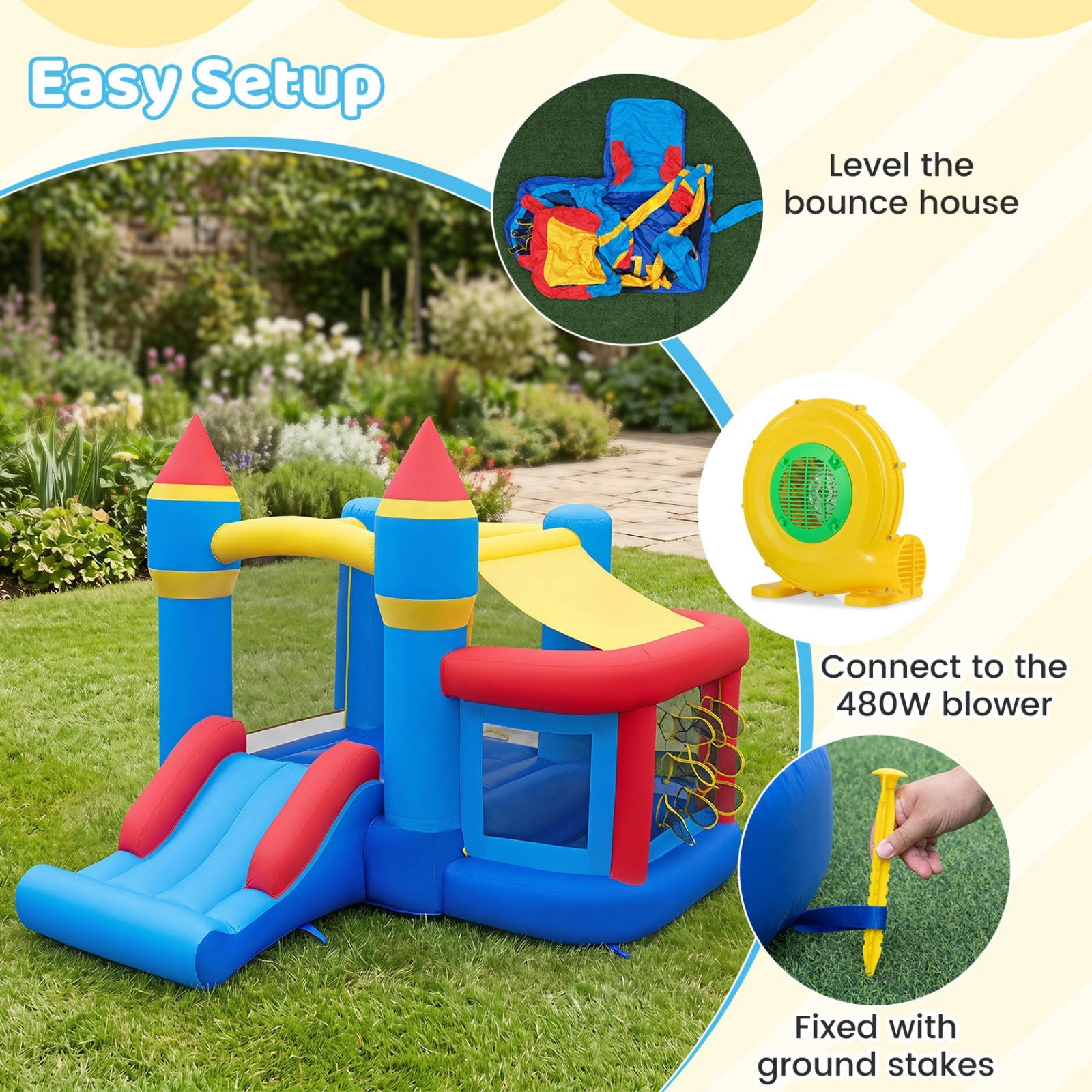 Inflatable Bounce House for Kids with 50 Ocean Balls Football Basketball Rim and 480W Blower for Birthday Party Carnival