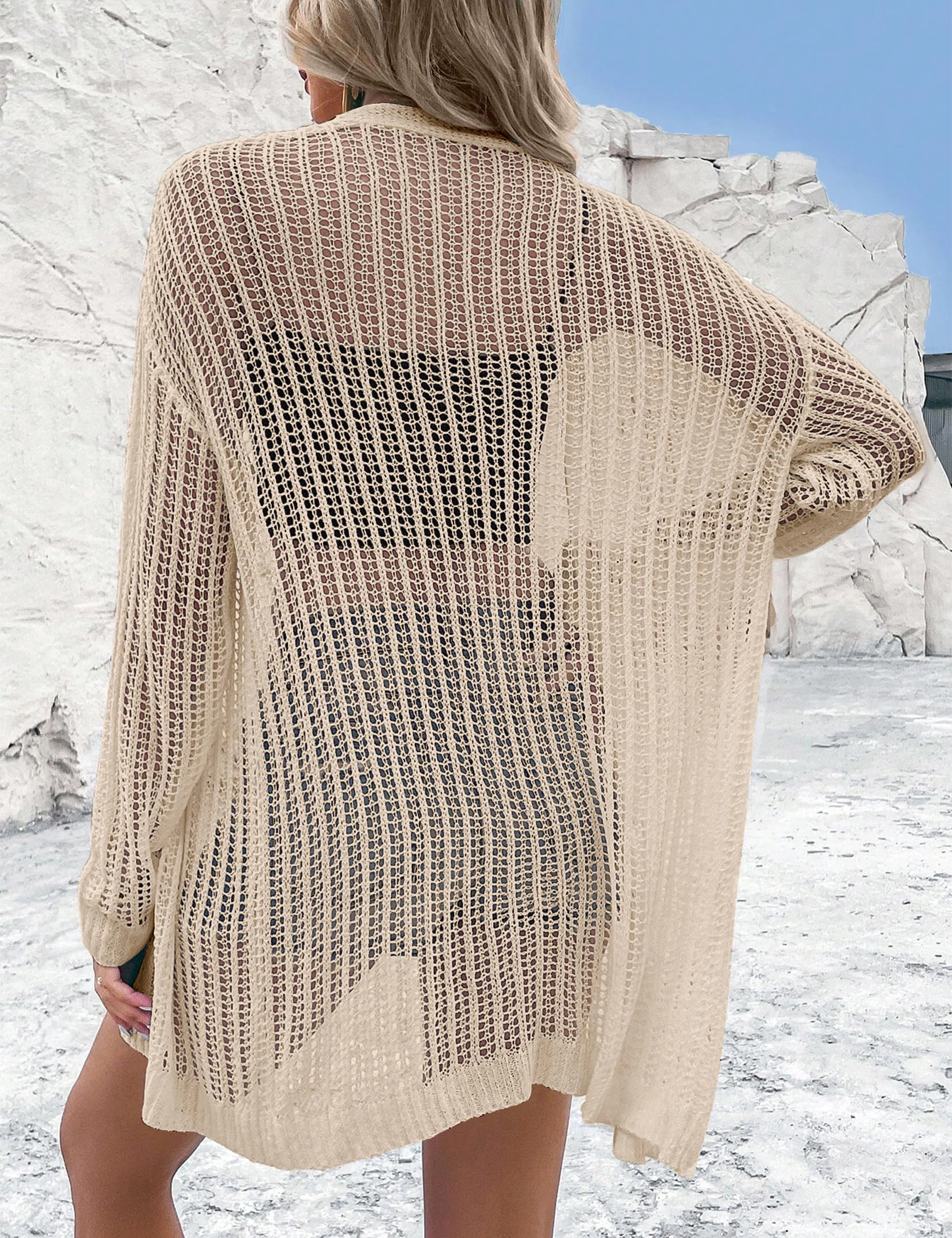 KOJOOIN Women's Open Front Cardigan Long Sleeve Hollow Knit Lightweight Ribbed Tops
