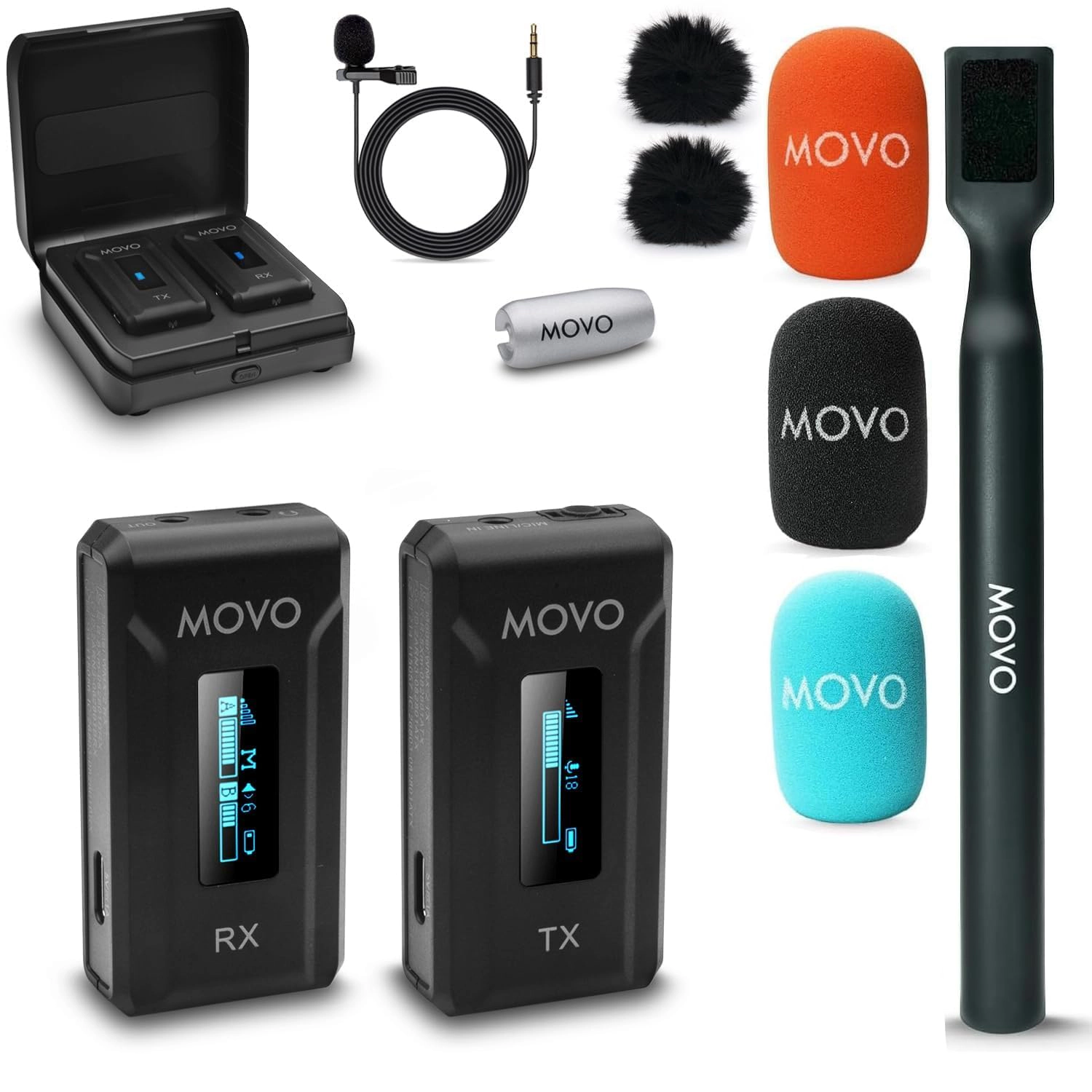 Movo WMX-2 Wireless Lavalier Microphone System with Charging Case and Interview Mic Handle for Cameras