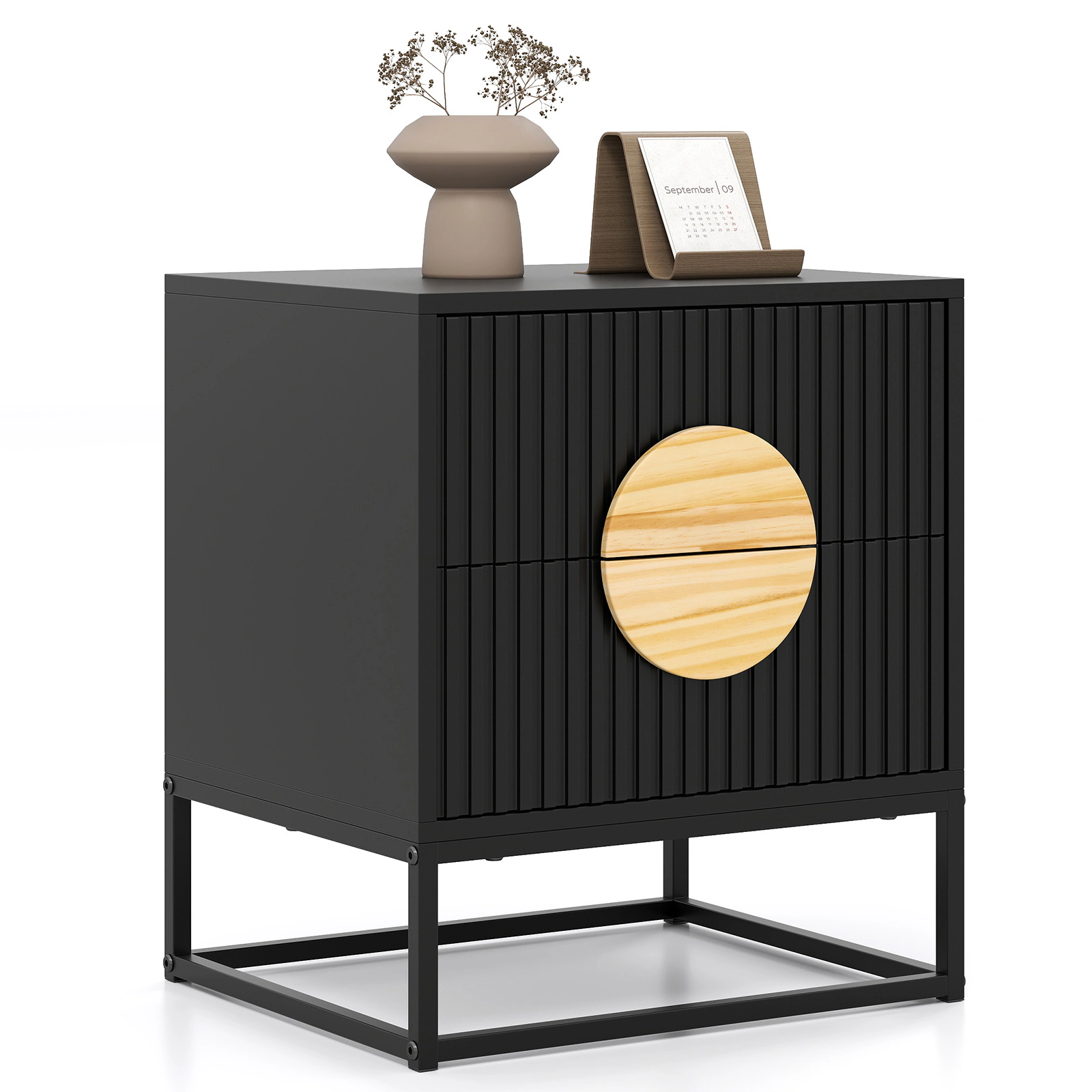 Glintex Mid-Century Fluted Nightstand with Solid Pine Wood Handles and Metal Base