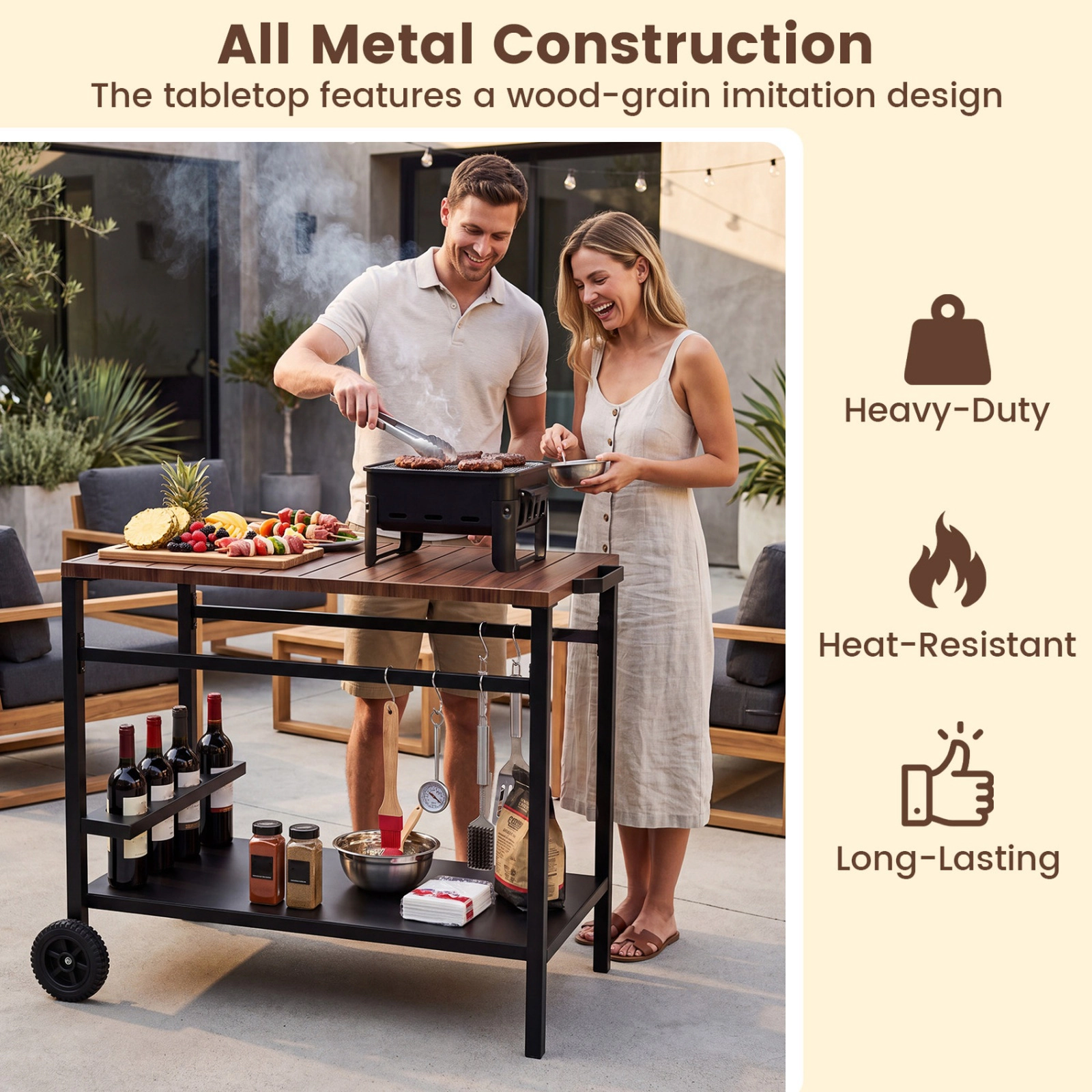 SUGIFT Outdoor Rolling Grill Cart with Spice Rack and Hooks BBQ Prep Table for Patio Garden Backyard