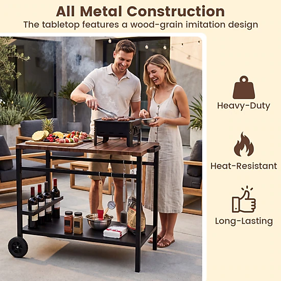 SUGIFT Outdoor Rolling Grill Cart with Spice Rack and Hooks BBQ Prep Table for Patio Garden Backyard