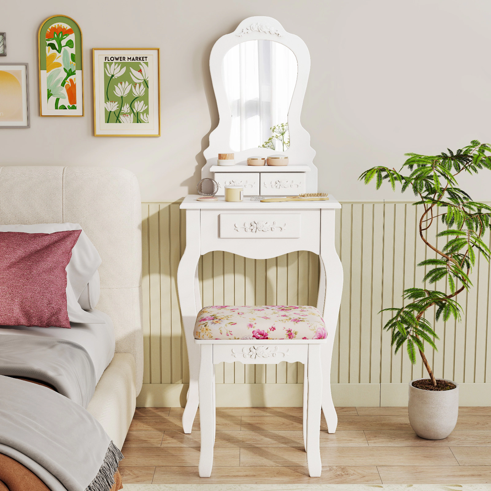 SUGIFT Narrow Makeup Vanity Table with Fan-Shaped Mirror, 3 Drawers and Cushioned Stool