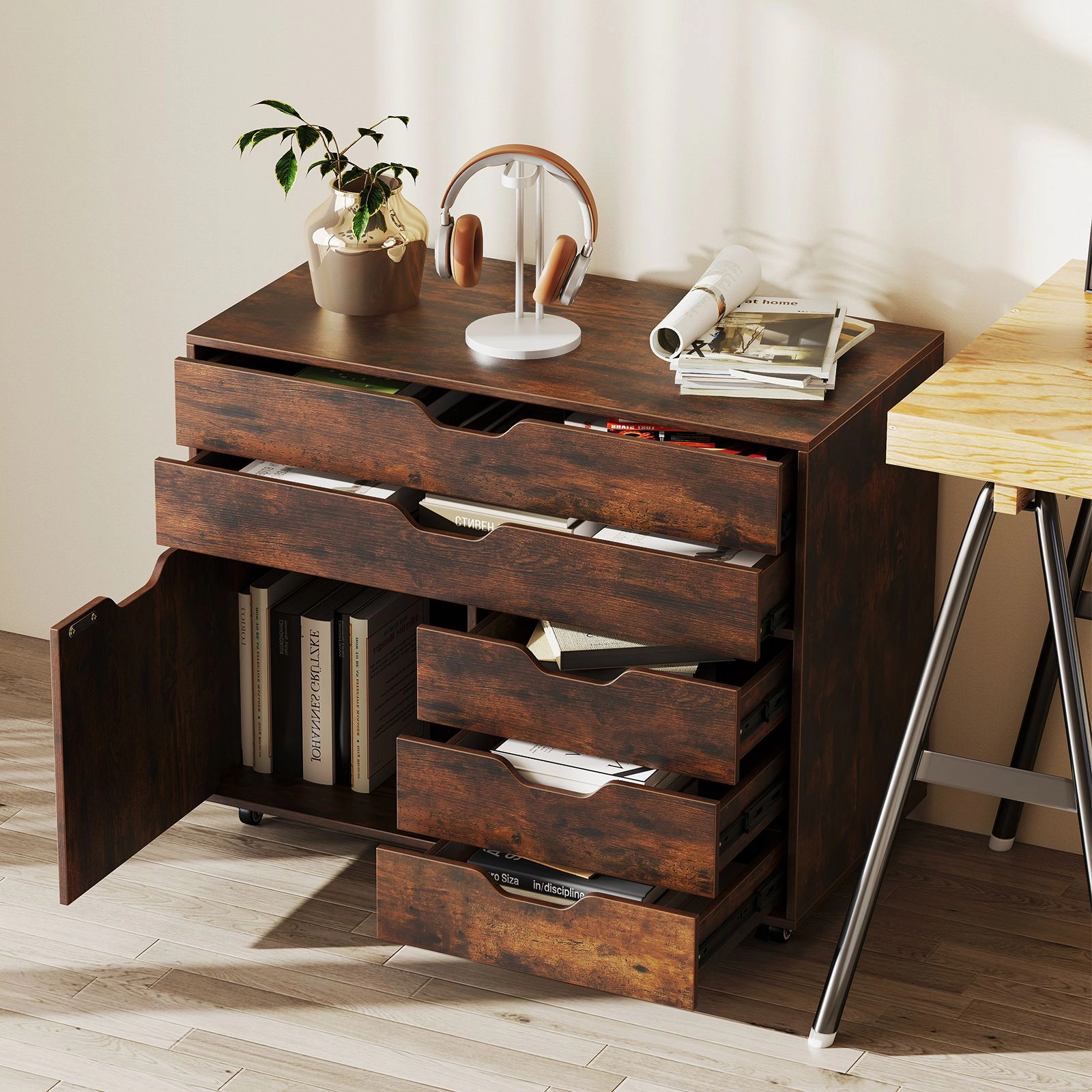 Slickblue 5 Drawer Mobile Storage Cabinet with Door and Wheels