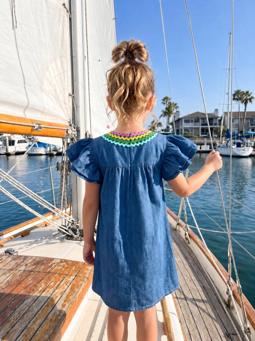 2Bunnies Girls 4T-8Y Rainbow Ric Rac Denim Flutter Sleeve Dress