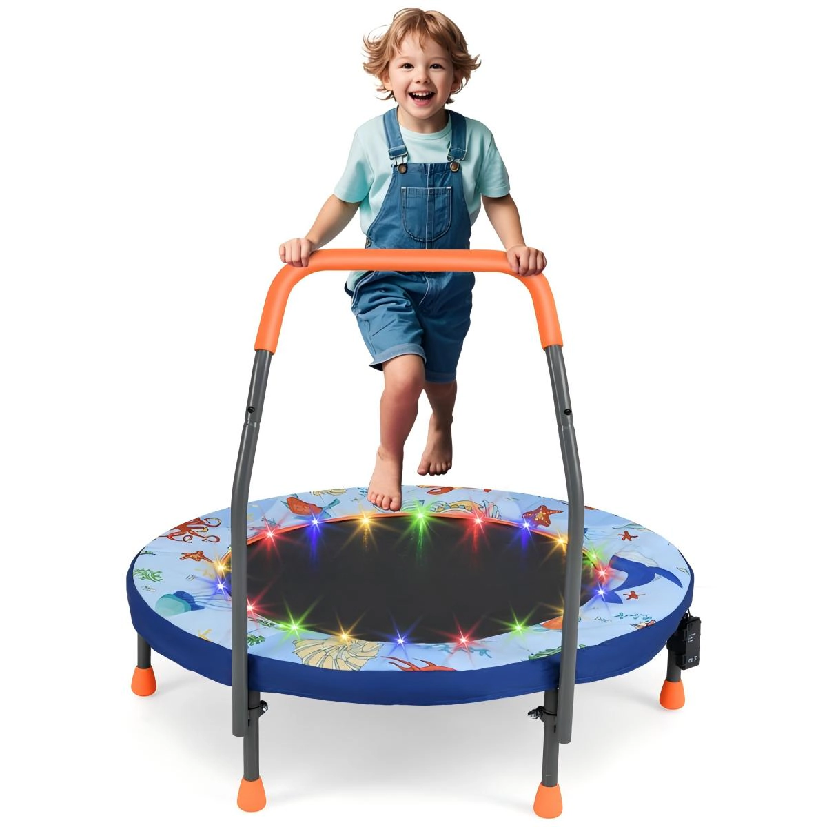 SUGIFT Folding Mini Trampoline Rebounder with LED Lights 55-lb Capacity Ages 3+ 36-in Frame with Foam Handrail Blue