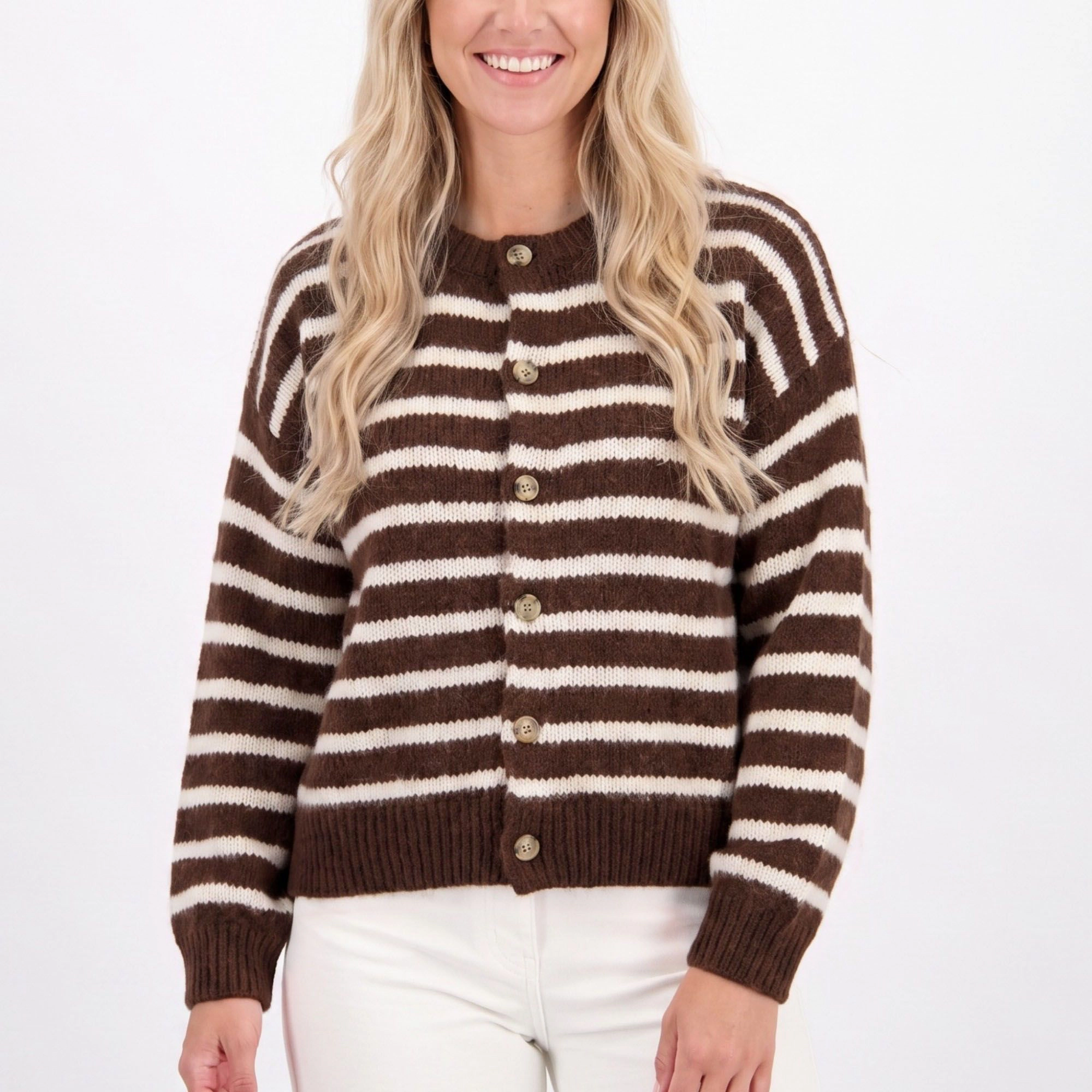 Anna-Kaci Women's Striped Button-Front Crew Neck Knit Cardigan