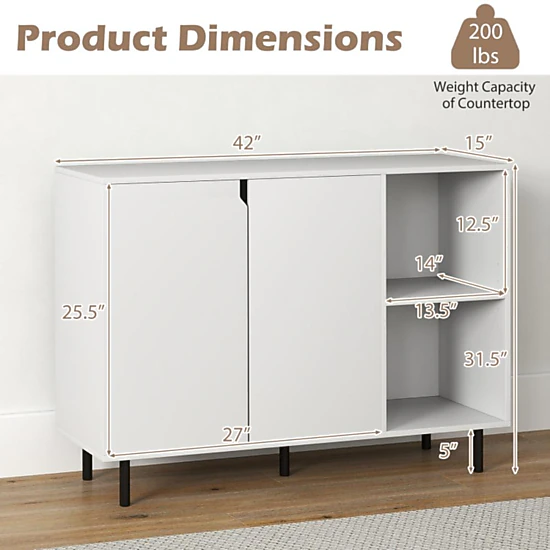 Hivvago 42 Inch Sideboard Buffet Cabinet Kitchen With Adjustable Shelves-White