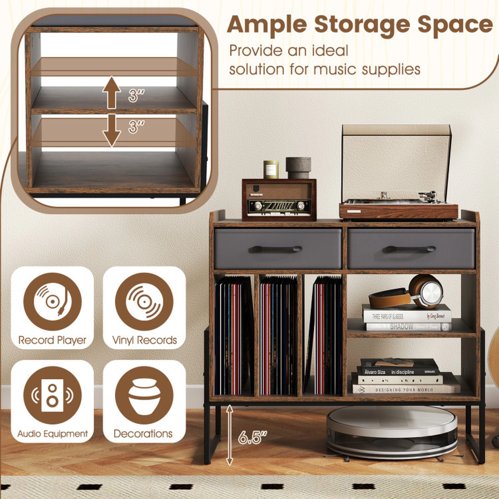 SUGIFT Rustic Brown Mid-Century Record Player Stand with Vinyl Storage, Power Outlet and USB Ports