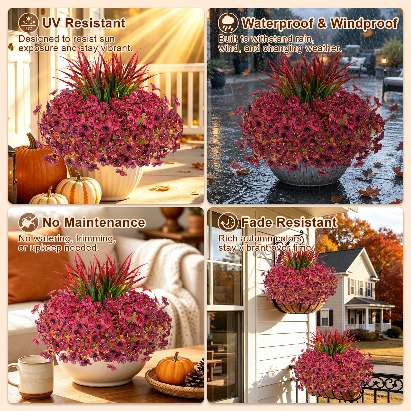 PUPWE 18 Artificial Fall Flowers For Outdoor  Uv Resistant Mums & Grass