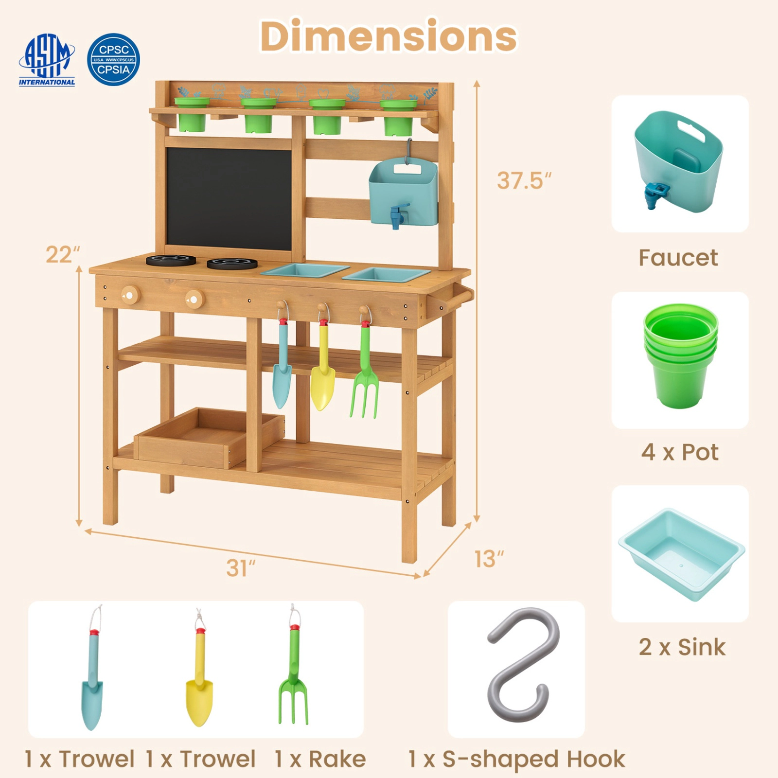 SUGIFT Natural Chalkboard 2 Removable Sinks and Garden Tools Outdoor Kids Wooden Play Kitchen