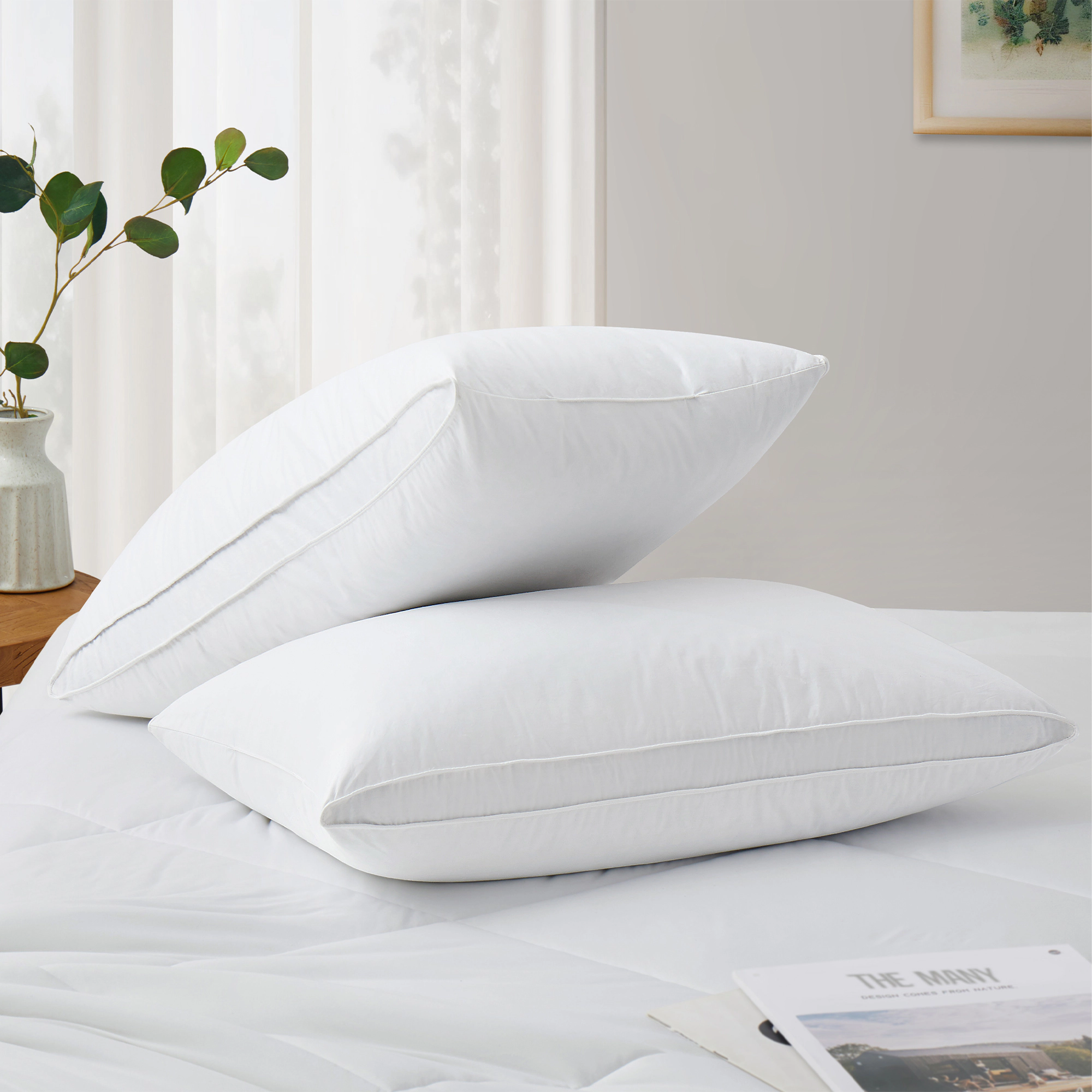 Peace Nest 2 Pack Goose Feather & Down Pillows,Medium Support for Back & Side Sleepers