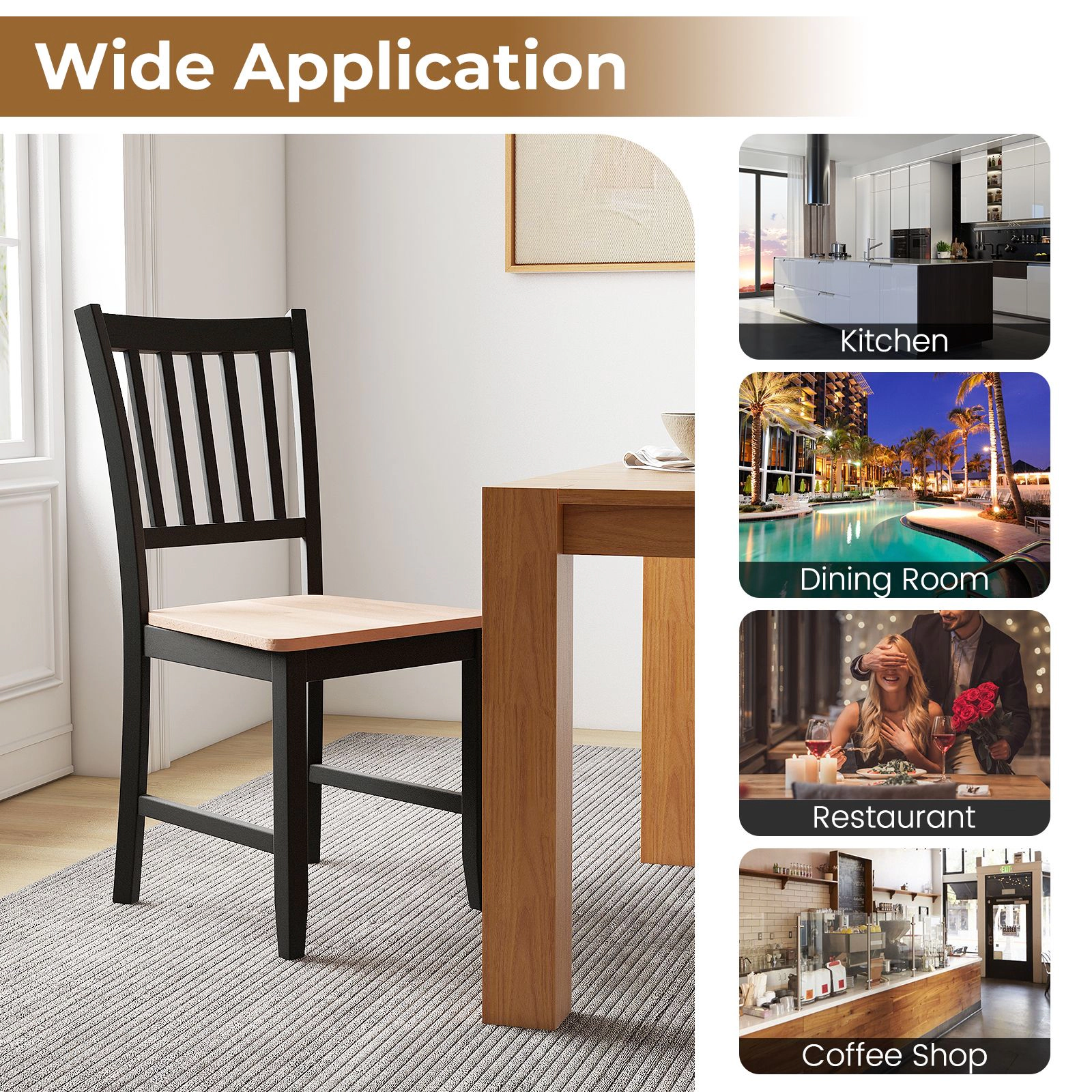 SlickBlue Wooden Dining Chairs Set of 4, Ergonomic Slat Back, Walnut