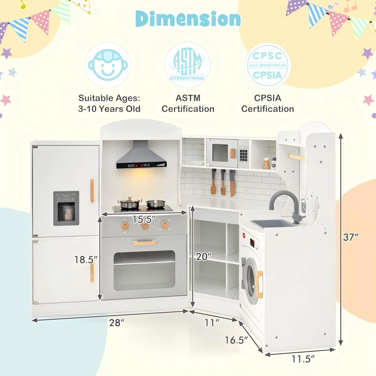 SUGIFT White Washing Machine Ice Maker and Towel Rack Corner Kids Play Kitchen